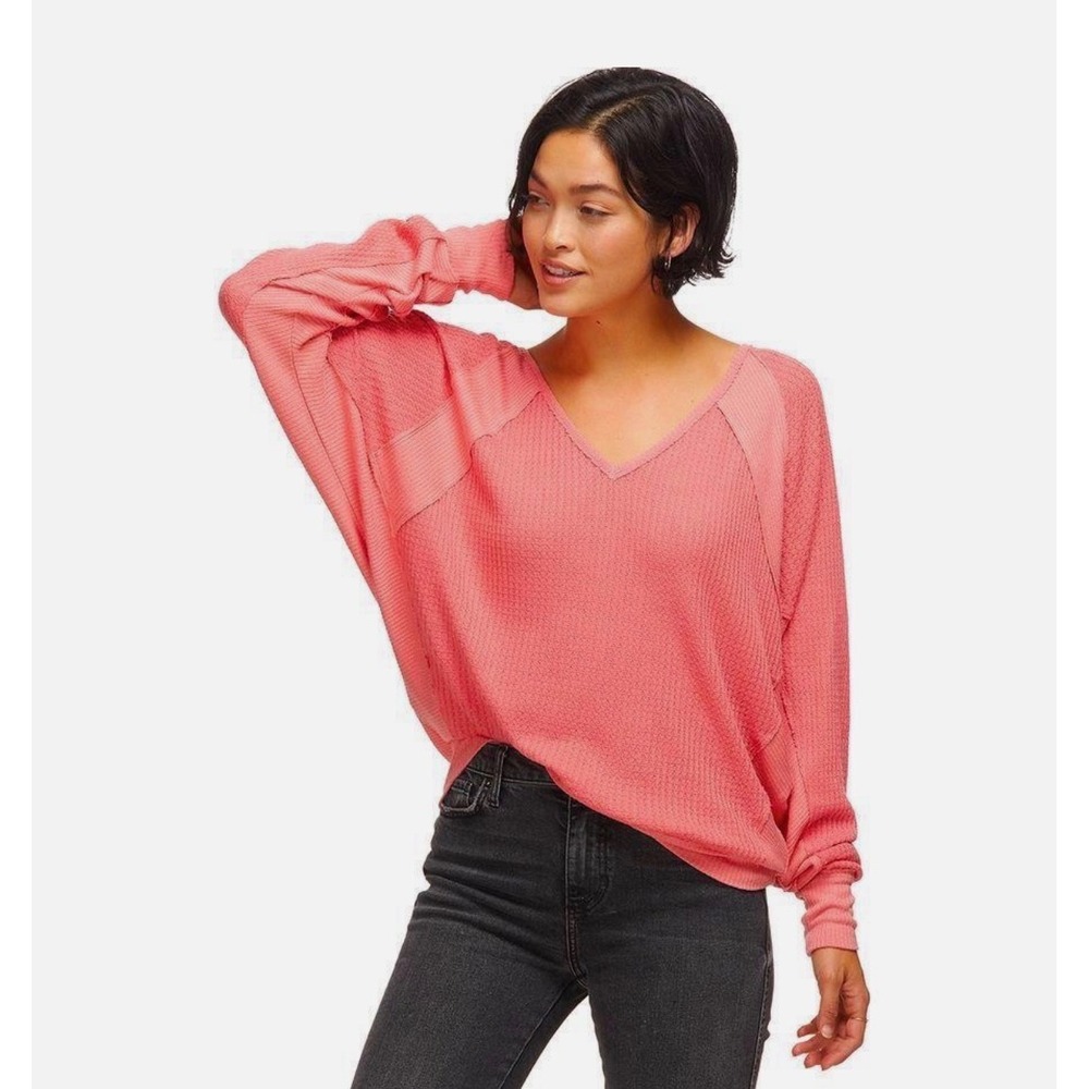 J11 Free People South Canyon Thermal V-Neck Waffle Knit Top Coral Pink M
